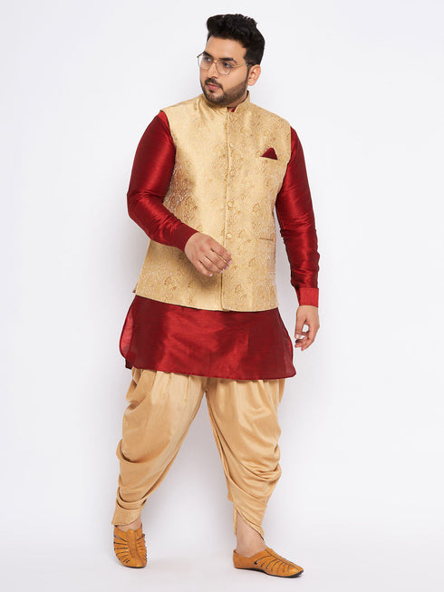 Vastramay Men's Plus Size Rose Gold Woven Nehru Jacket With Maroon Kurta And Rose Gold Dhoti Set